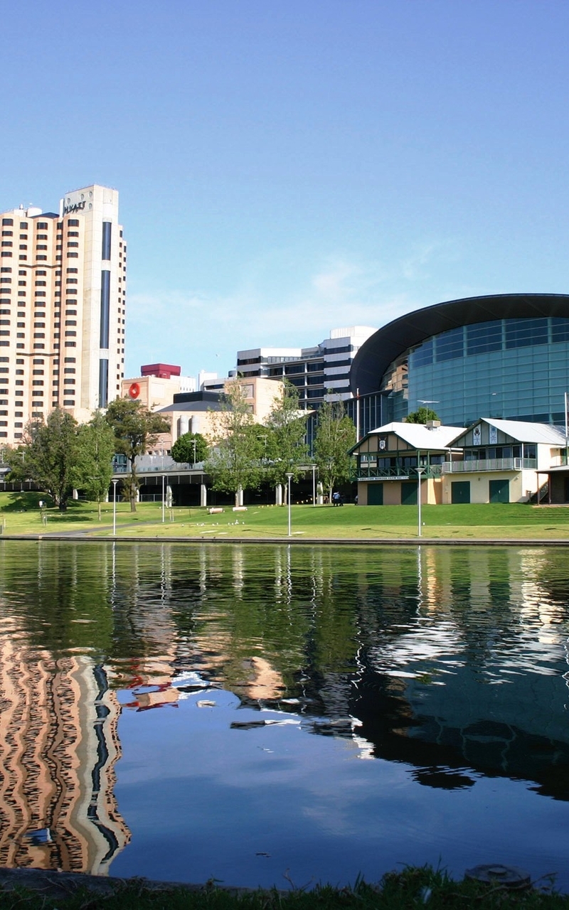 Картинка: Аделаида, Австралия, Adelaide, Australia, здания, набережная, река, лебеди