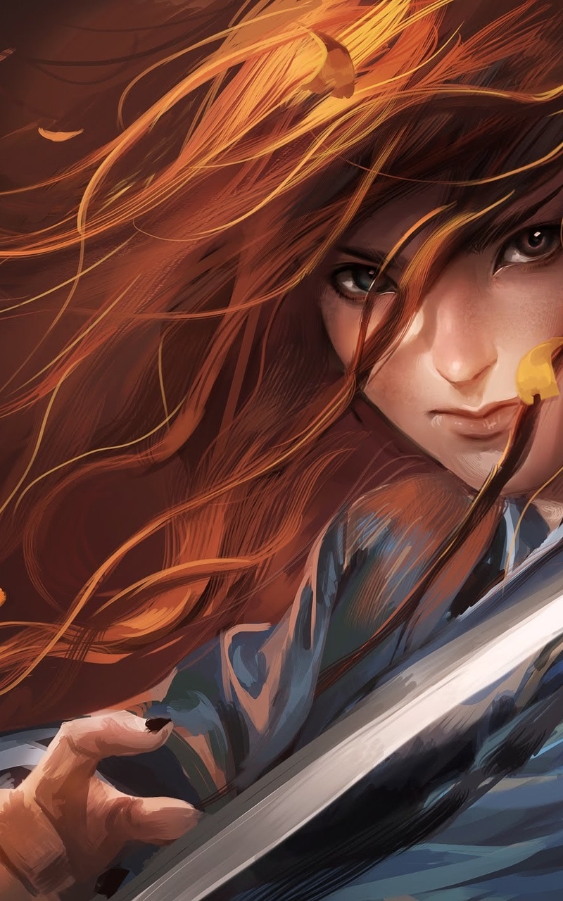 Image: Girl, hair, leaves, wind, sword, katana, look, red hair, art