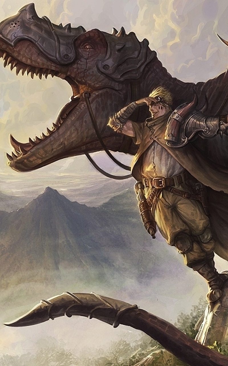 Картинка: Динозавр, пасть, глаз, воитель, доспехи, броня, меч, горы, обрыв