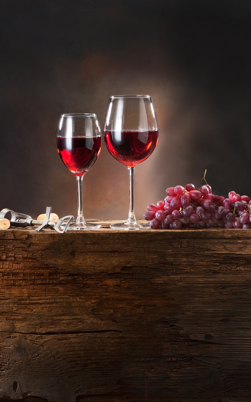 Картинка: Вино, виноград, дерево, бочка, бокалы, открывашка, красное вино