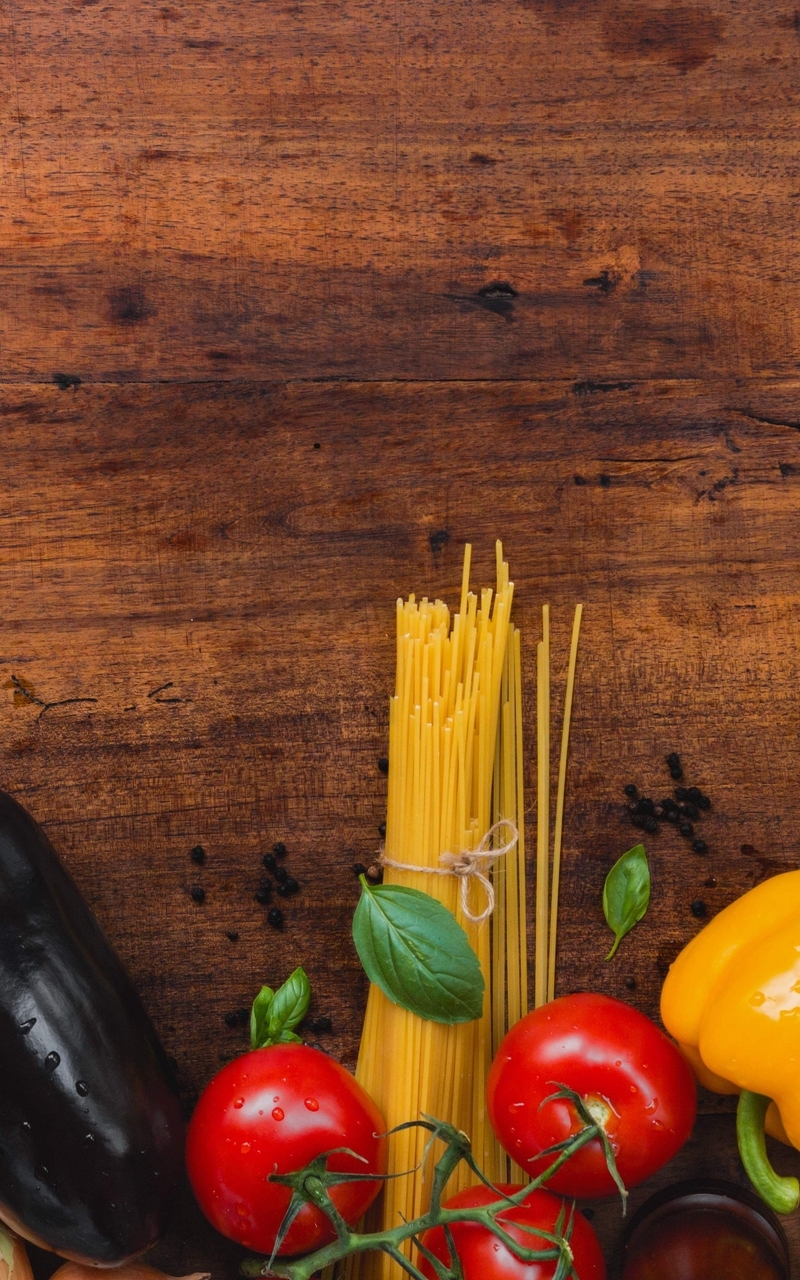 Image: Pasta, eggplant, spaghetti, tomatoes, peppers, onions, vegetables