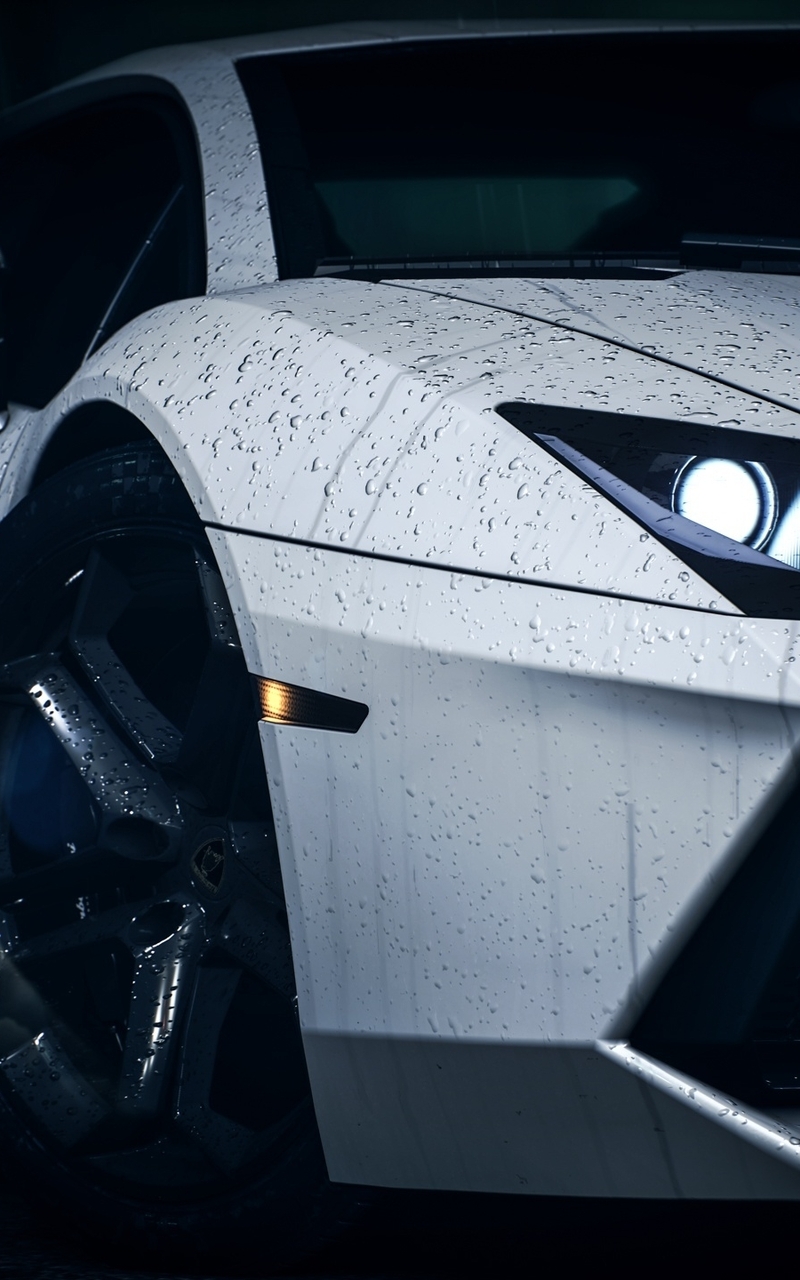 Картинка: Need For Speed, капли, фара, суперкар, белый, Lamborghini, Aventador