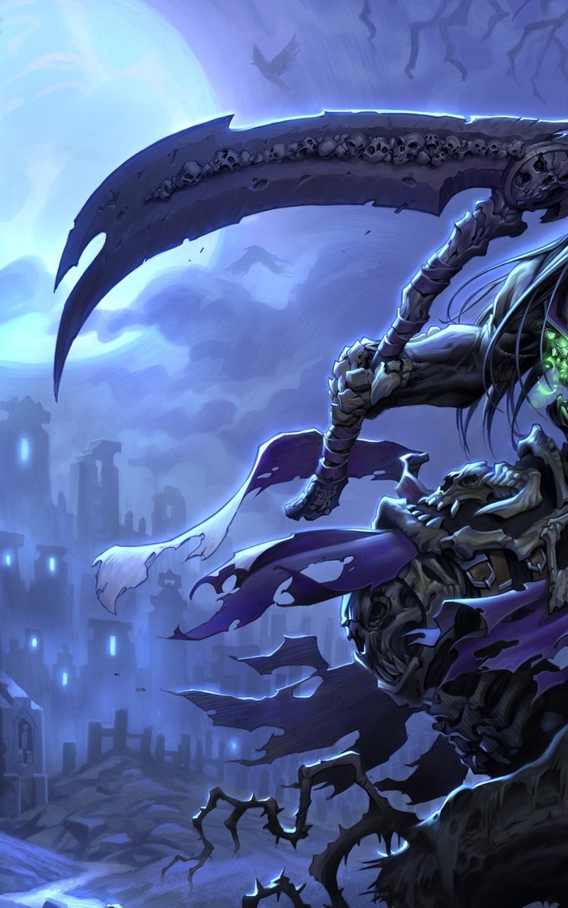 Image: Darksiders 2, Death, skull, scythes, crows, branches, castle, moon