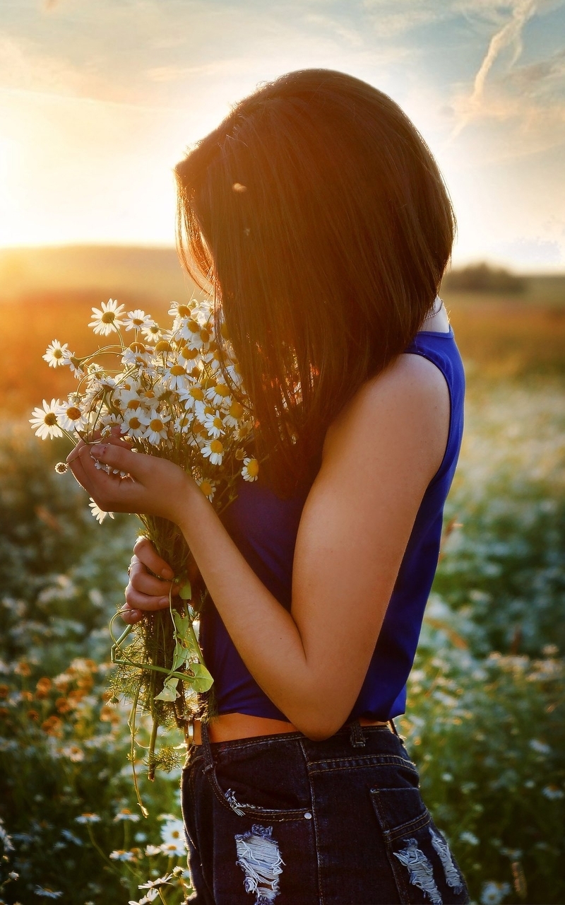 Image: Girl, chamomiles, flowers, field, sunset