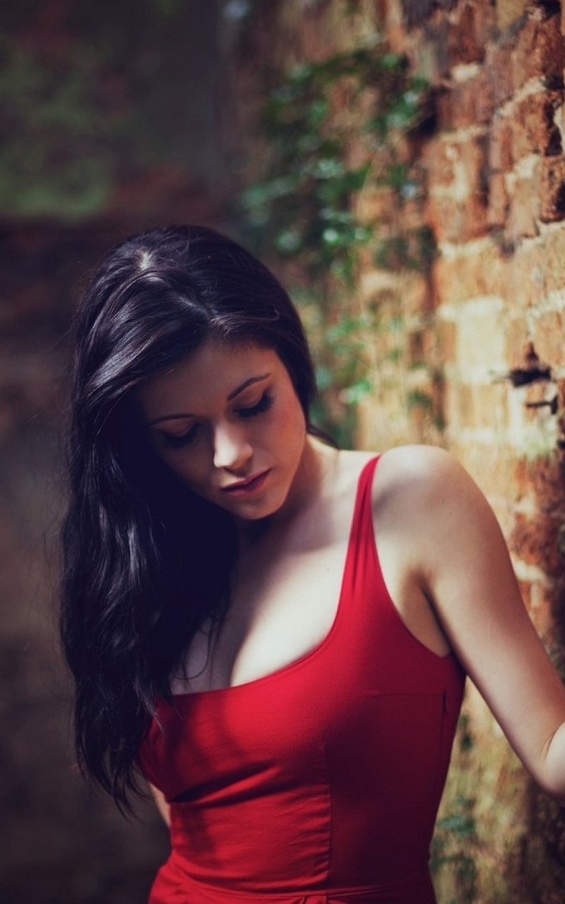 Картинка: Девушка, чёрные волосы, кирпичная стена, упирается, в красном