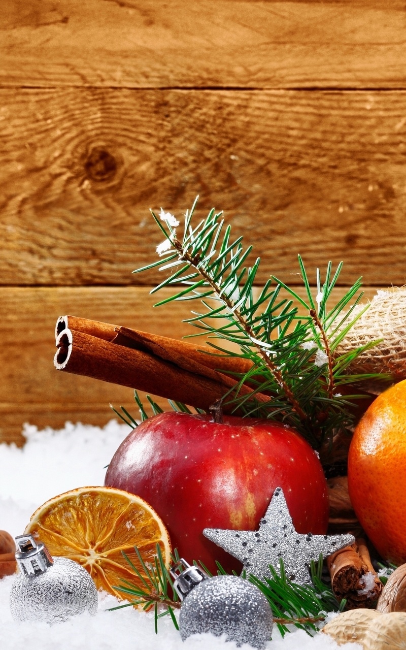 Image: Orange, apple, cinnamon, stars, Christmas toys, branch, spruce, decor, snow
