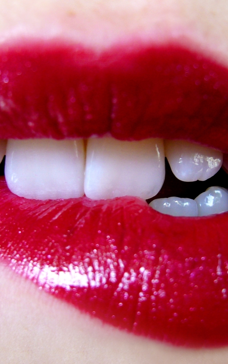 Image: Lips, lipstick, scarlet, color, teeth, bite