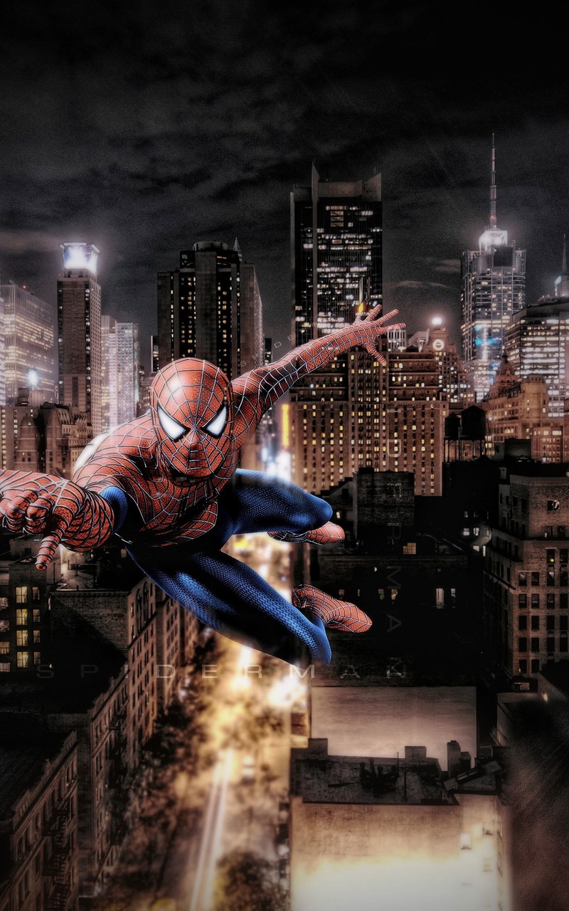Image: Spider-man, city, shot, flying, skyscrapers, night, lights