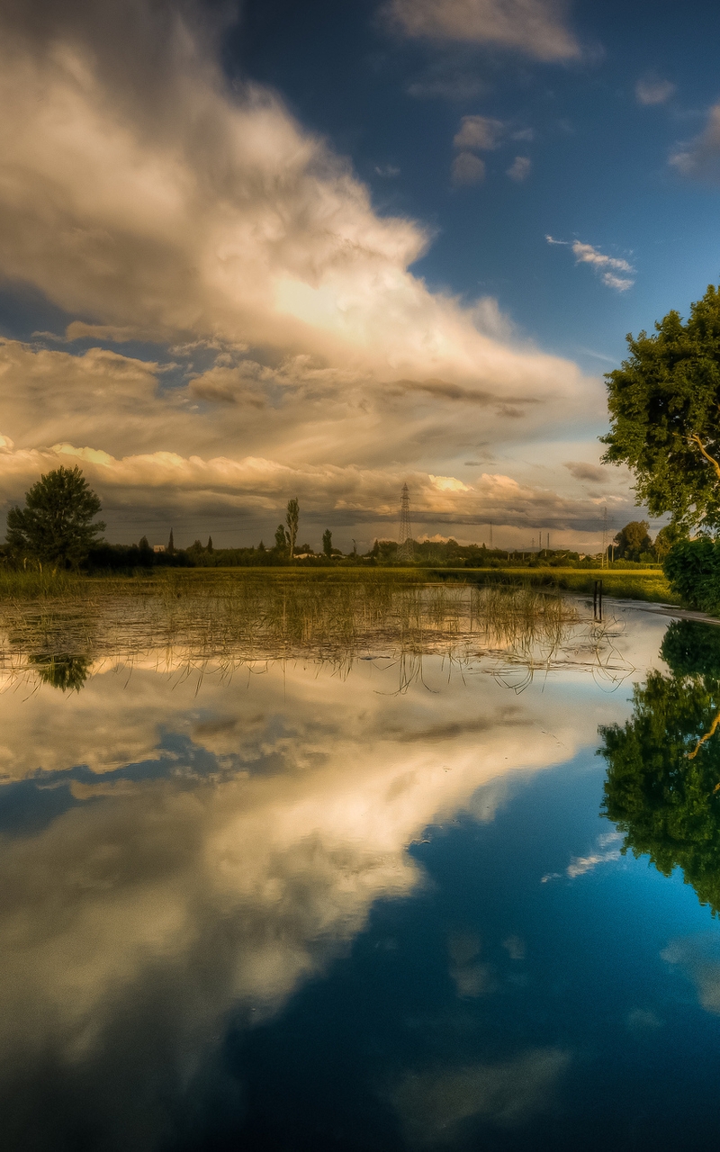 Image: Lake, water, trees, sky, clouds, reflection