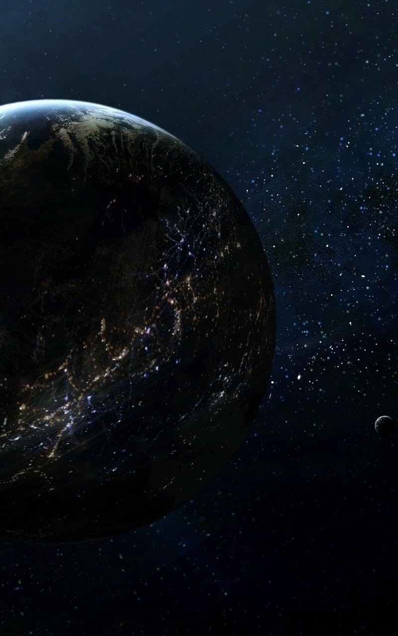 Картинка: Планета, Земля, спутник, Луна, космос, свет, освещение, огни, звезды, млечный путь