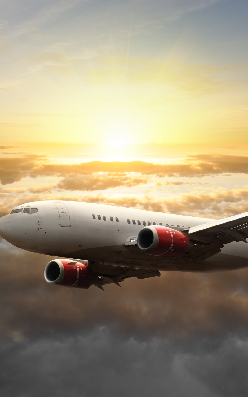 Image: Airplane, flying, sky, clouds, horizon, sun