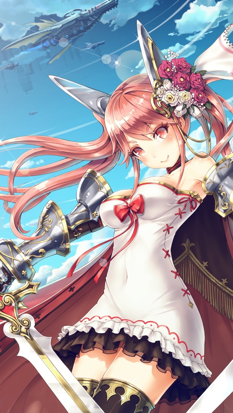 Картинка: Аниме, девушка, меч, оружие, длинные волосы, цветы, ушки