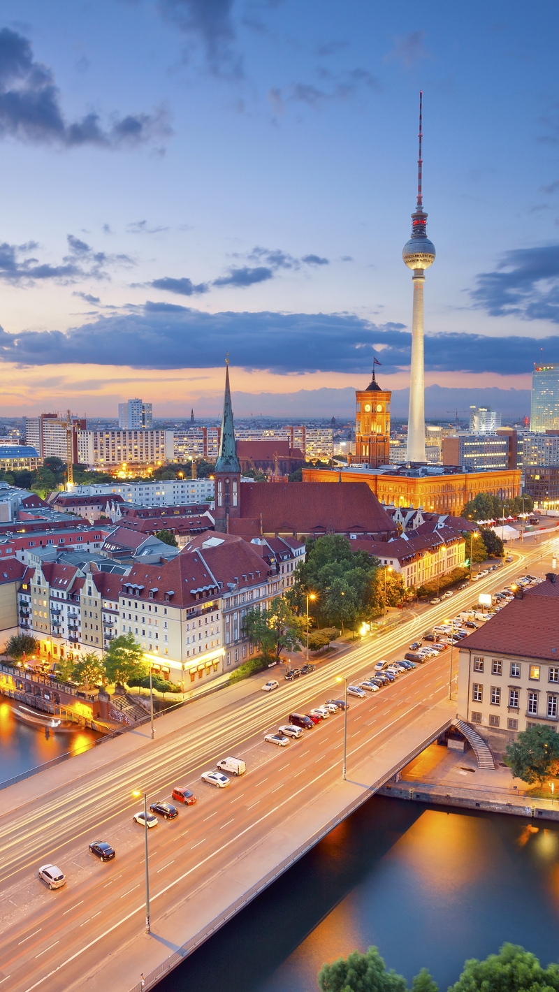 Картинка: Город, Берлин, Германия, вечер, река, вид, огни, дорога