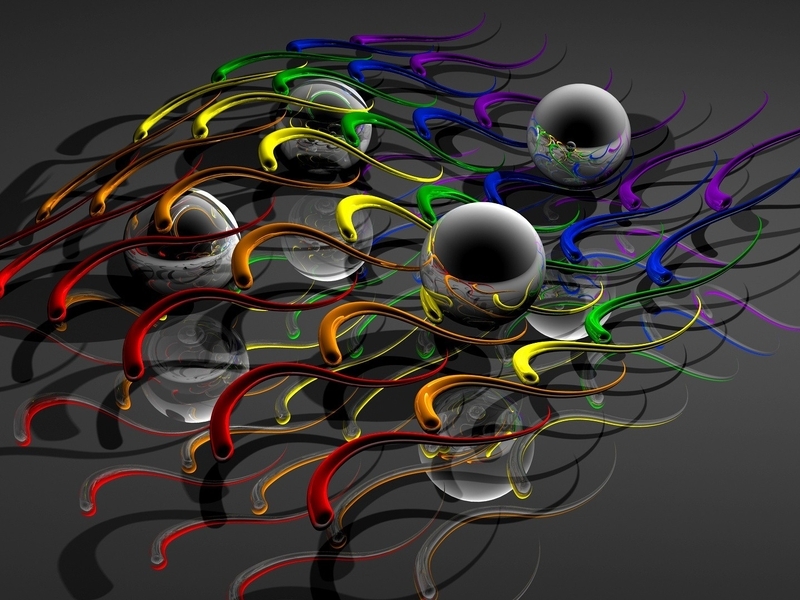 Image: Balls, reflection, transparency, multi-colored curls, curve, shadow