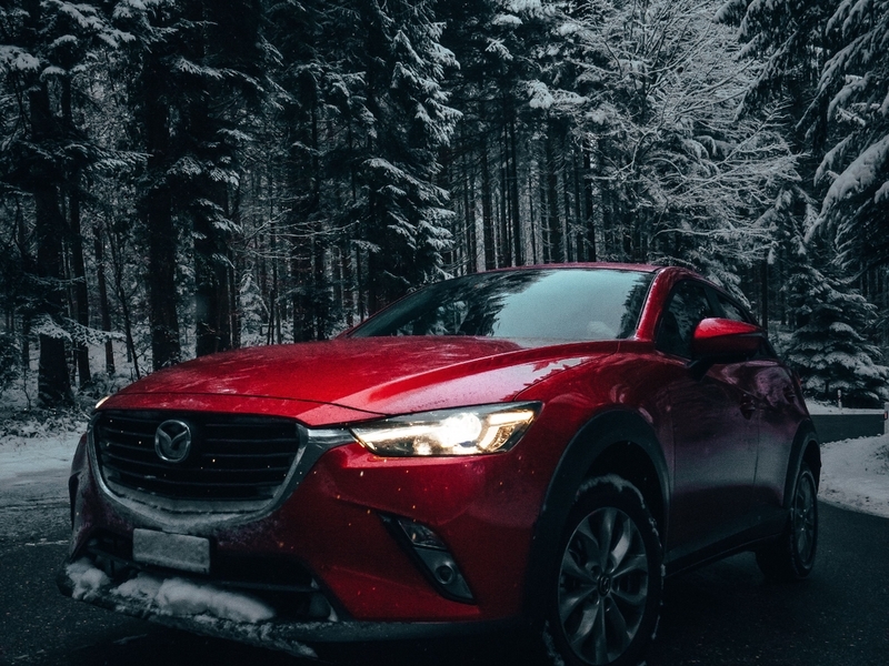 Image: Winter, forest, snow, road, trees, car, red, Mazda 6