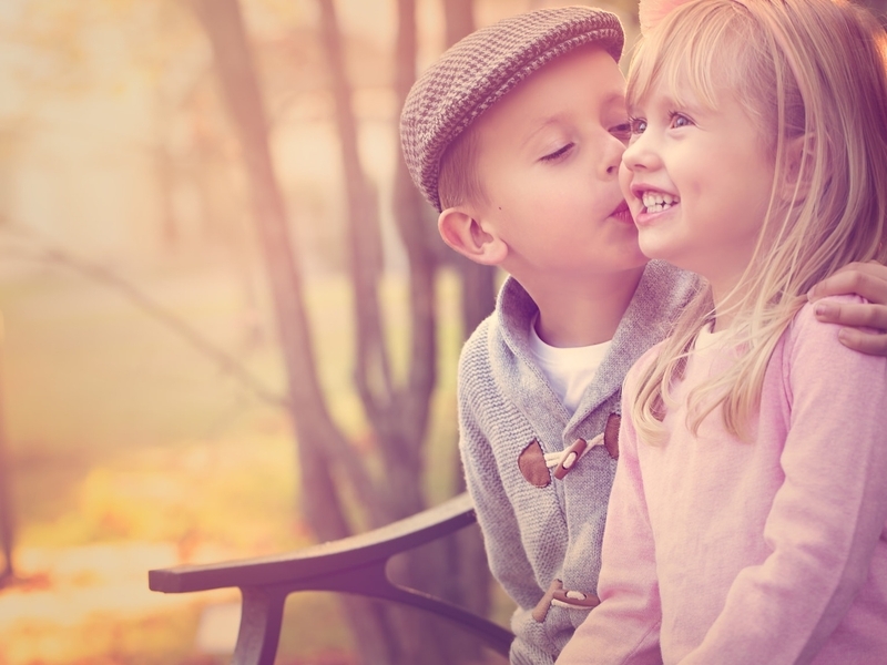 Image: Boy, girl, kiss, smile, joy, mood, friendship, bench, park