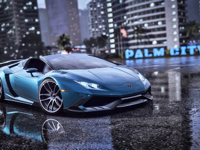 Картинка: Lamborghini, Huracan, Need For Speed Heat, gameplay, дорога, город, мокрый