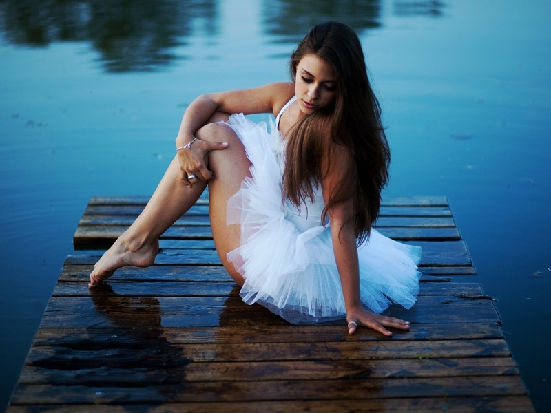 Image: Girl, ballerina, white tutu, pier, water