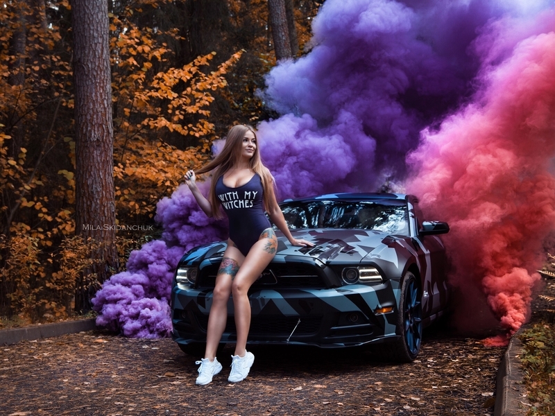 Image: Mila Skidanchuk, photographer, girl, tattoo, auto, tuning, forest, autumn, smoke bombs