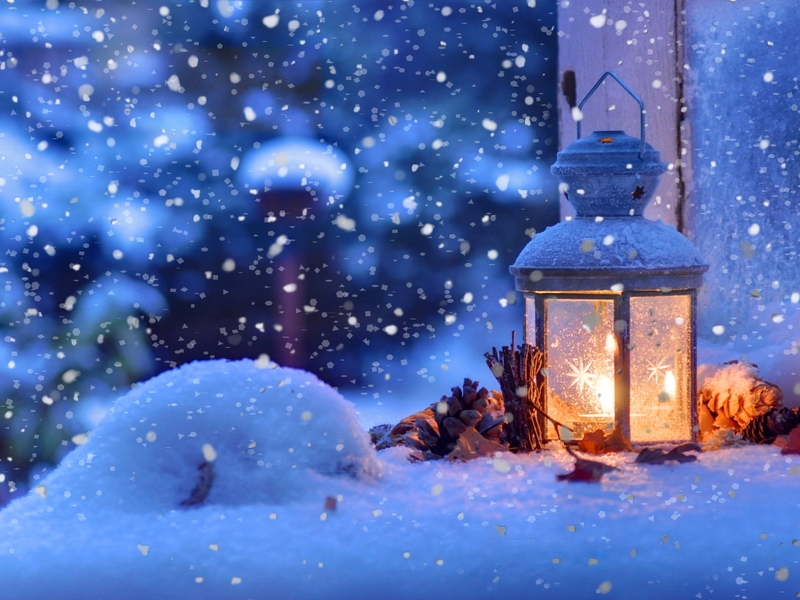 Image: Snow, snowflakes, winter, New year, lantern, lamp, fir cones, light