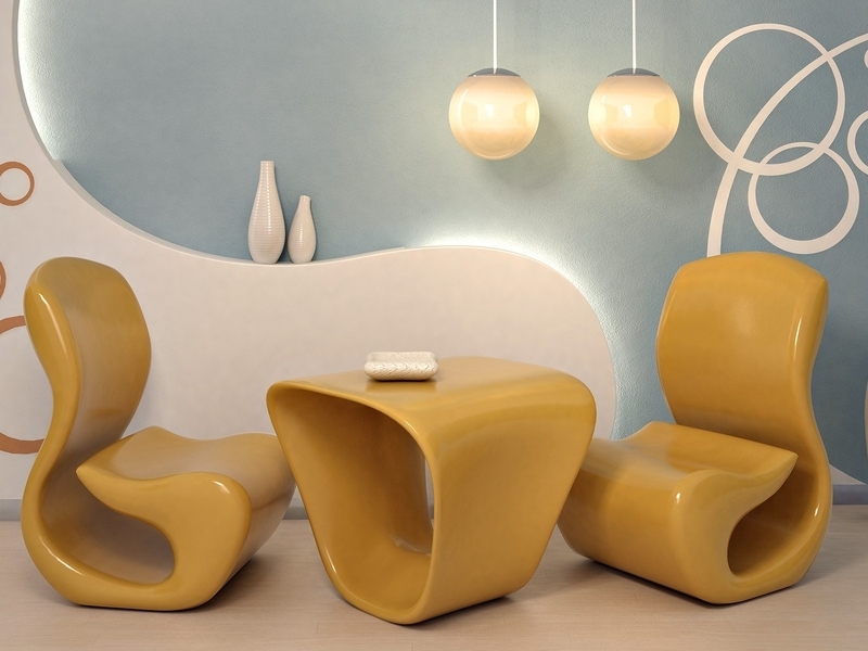Image: Chandeliers, table, chairs, circles, decor, lighting, caramel color