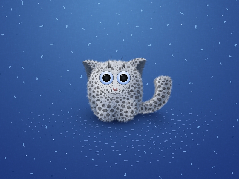 Картинка: Котик, снежный барс, сидит, большие глаза, снежок, улыбка, смотрит