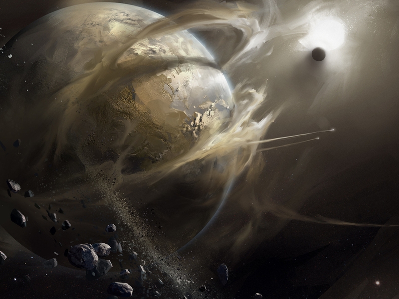 Картинка: Планеты, космос, пыль, звезда, камни, арт