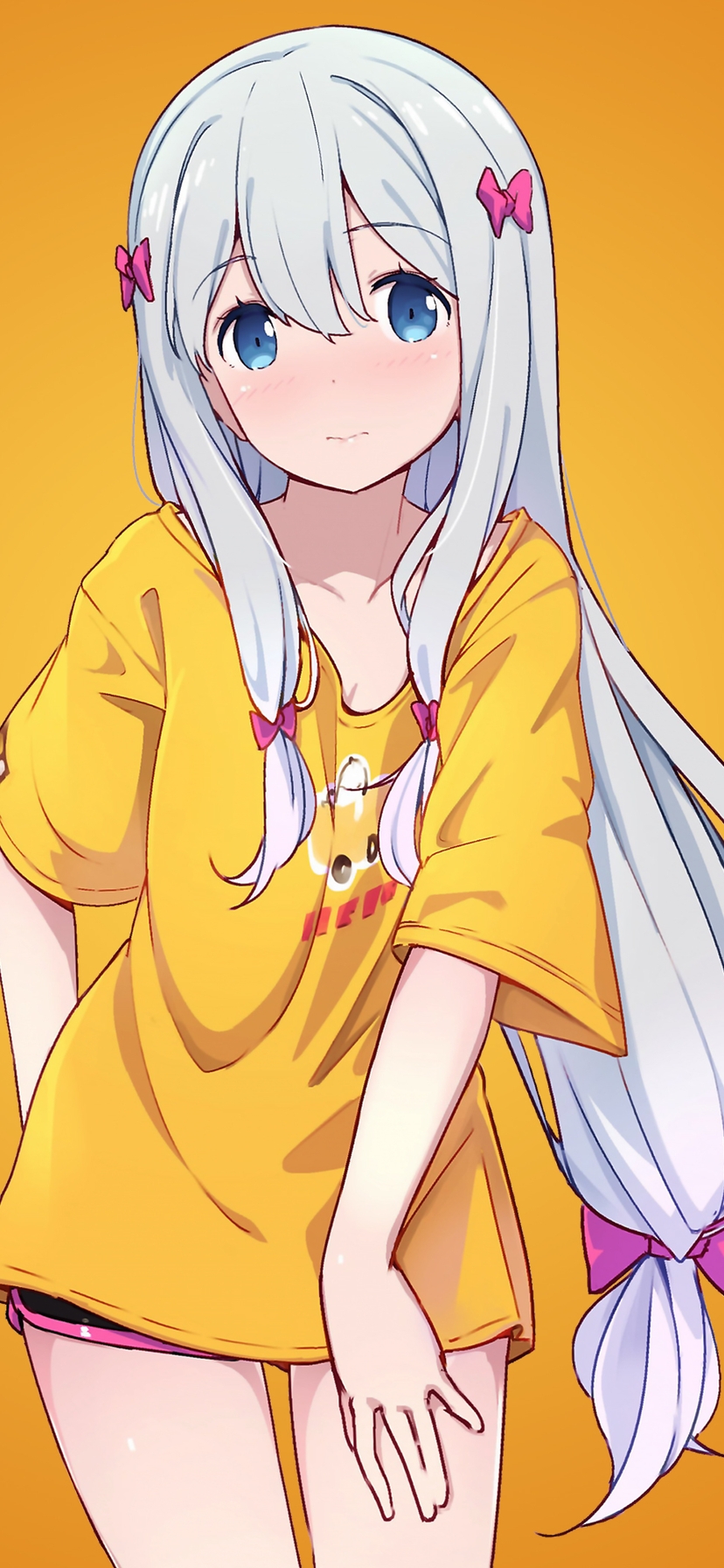 Image: Anime, Erromango-Sensei, Eromanga-sensei, girl, Sagiri Izumi, white-haired, long-haired, bow, orange background, jacket