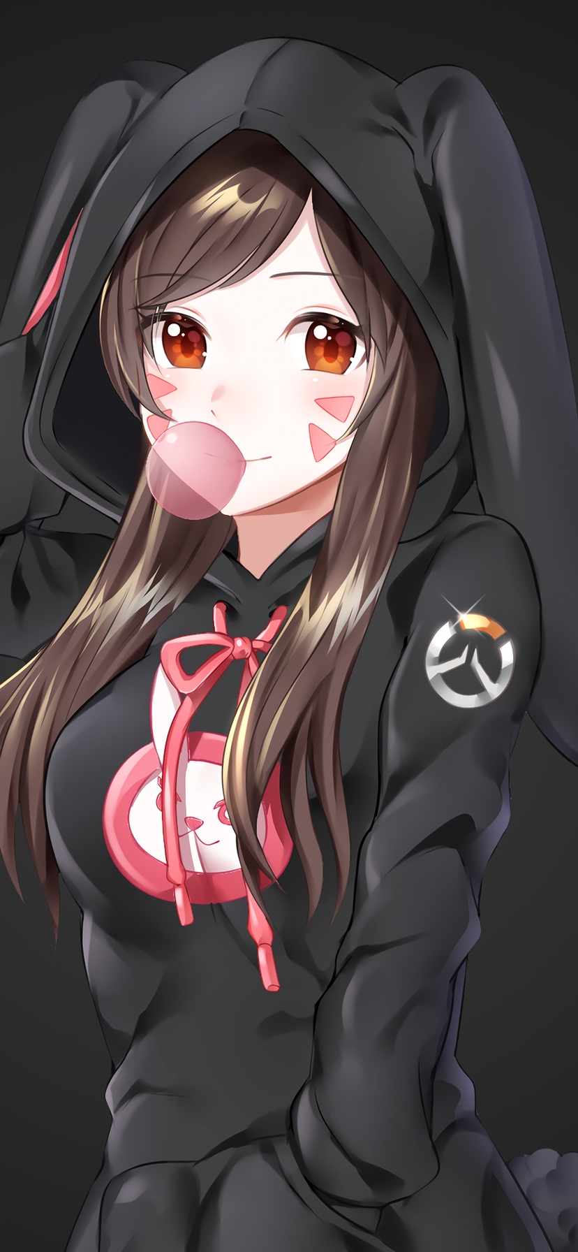 Image: Girl, gum, bubble, jacket, hair, hood, ears, dark background, Overwatch