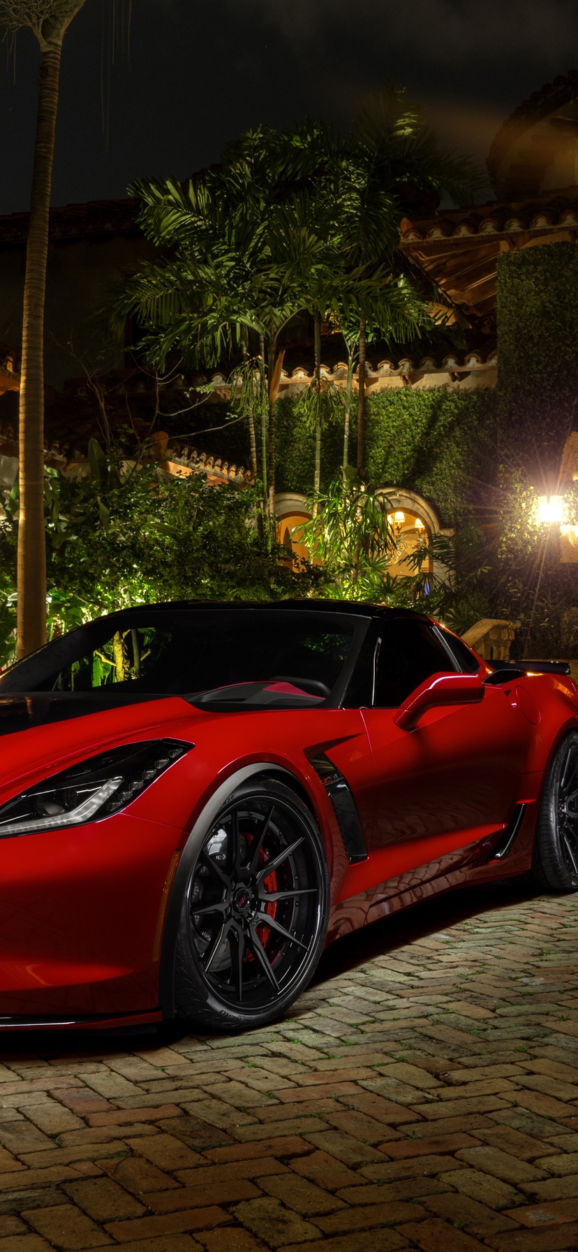 Image: Chevrolet, Corvette, red, night, lights, building
