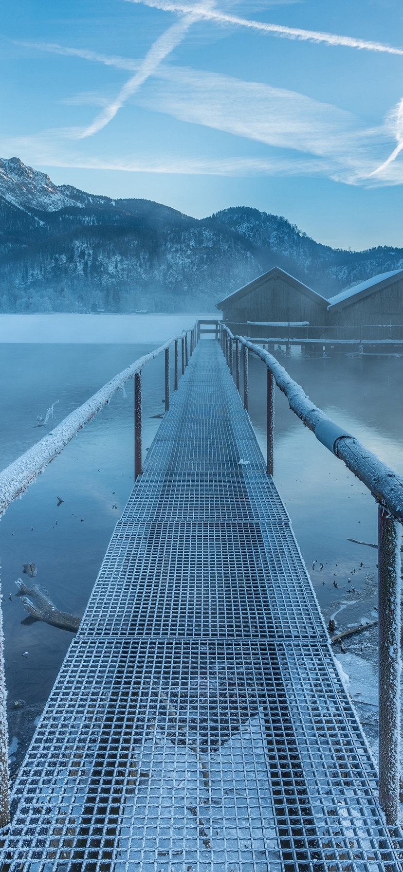 Image: nature, lake, bridge, mountains, winter, snow, ice