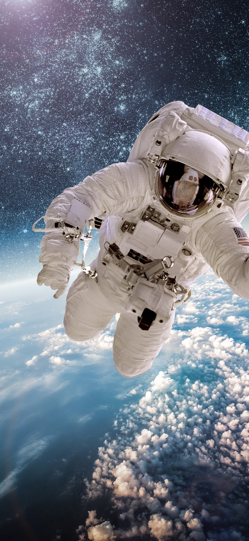 Image: Astronaut, cosmonaut, spacesuit, weightlessness, flight, galaxy, space, stars, clouds