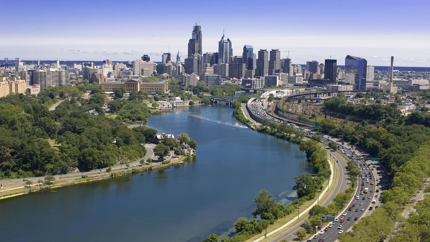 Картинка: Город, Филадельфия, США, здания, река, деревья, небо