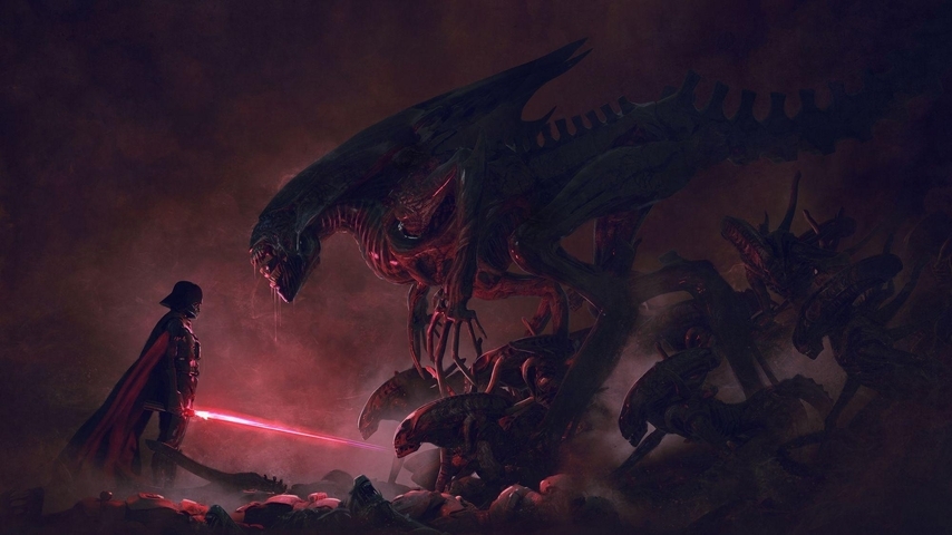 Image: Vader Vs Aliens, Darth Vader, Alien, confrontation, battle, sword, art, light, fog