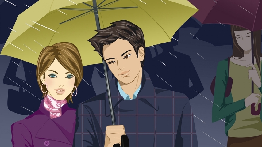 Картинка: Мужчина, девушка, дождь, зонтик, красивые, стиль, пара