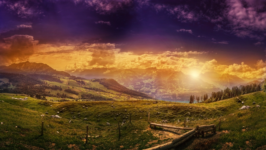 Image: Valley, mountains, hills, trees, fence, evening, sunset, landscape, sky