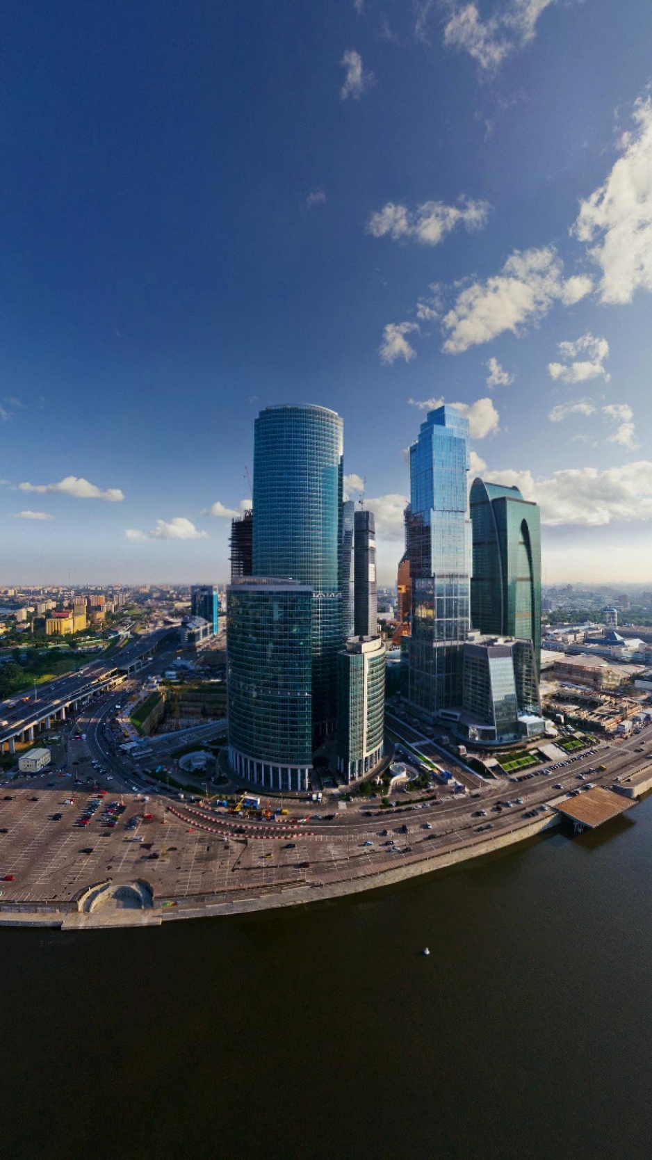 Image: Moscow, city, center, river, bridge, buildings, skyscrapers, sky, clouds, panorama