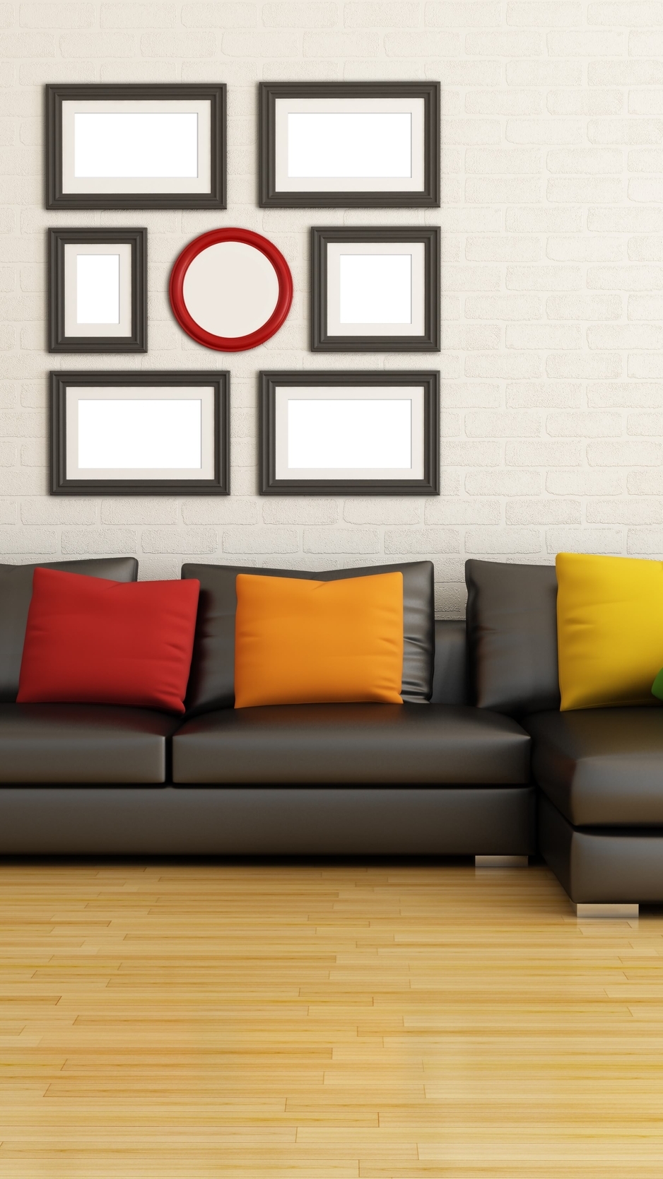 Image: Leather sofa, floor lamp, decorative pillows, planters, tree, wall, floor