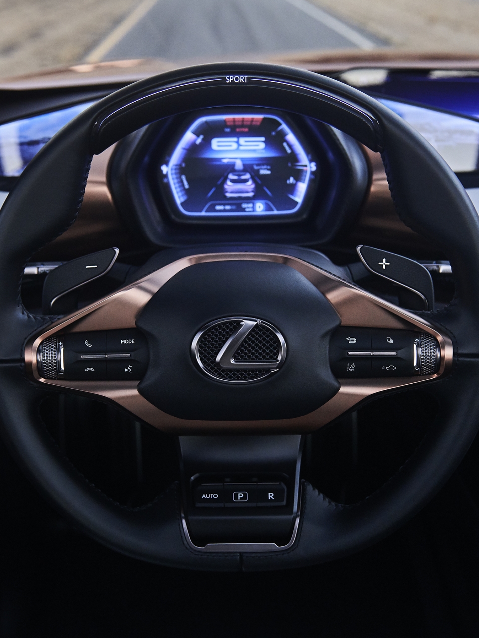 Картинка: Lexus, LF-1, Limitless, Concept, салон, руль, дисплей, дорога, кнопки, марка