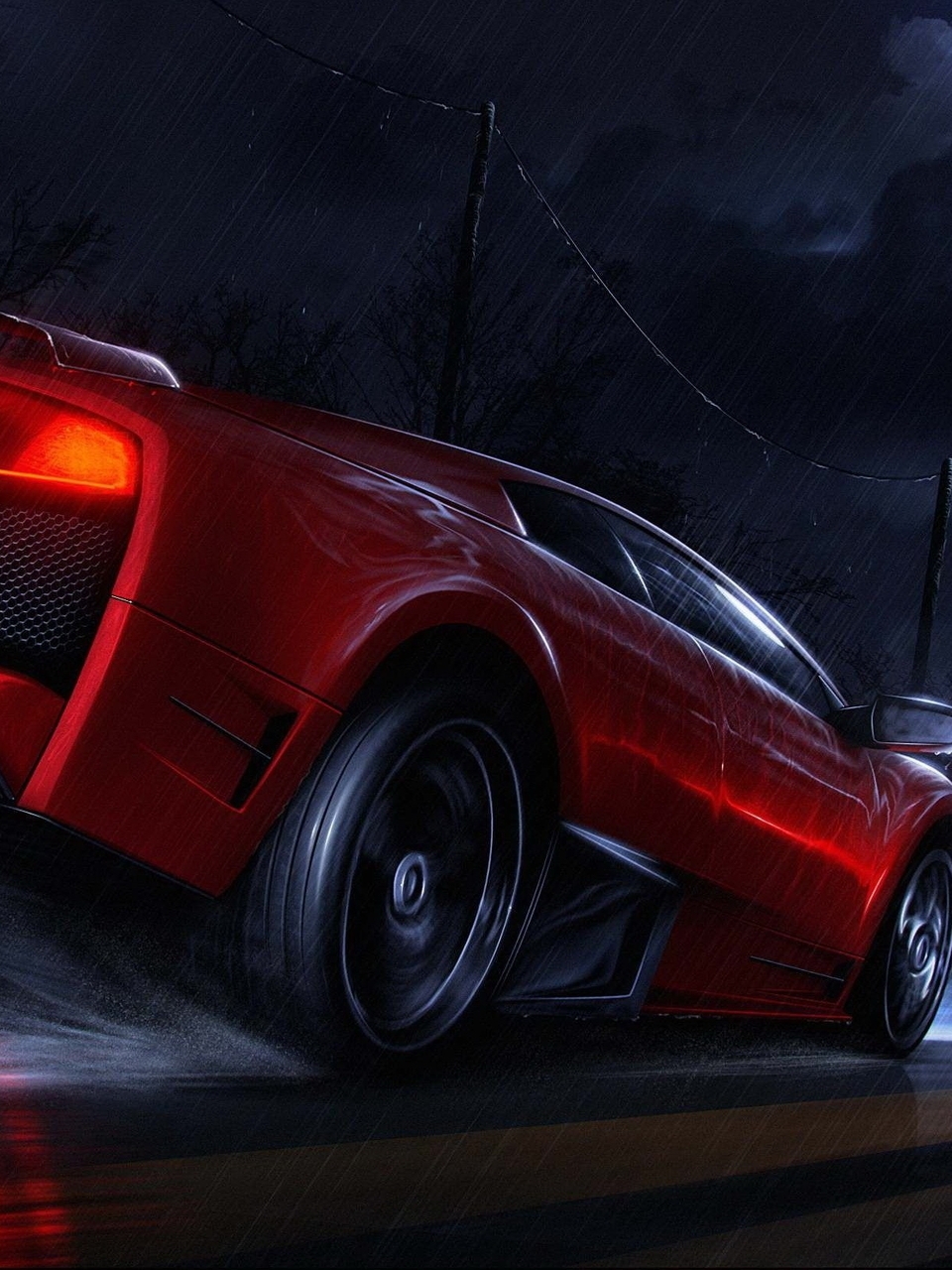 Image: Supercar, red, Lamborghini, road, moon, night, rain, speed, splashes