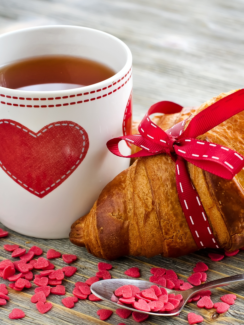 Image: Croissant, cakes, mug, cup, tea, heart, hearts, love, breakfast