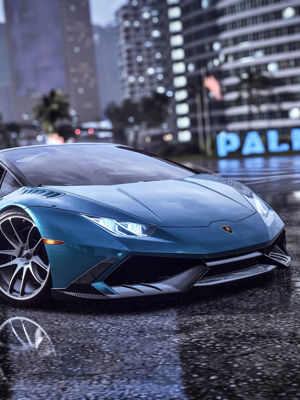 Картинка: Lamborghini, Huracan, Need For Speed Heat, gameplay, дорога, город, мокрый