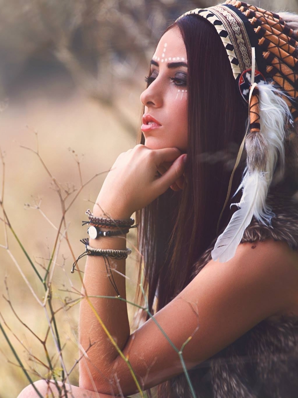 Image: Girl, brunette, makeup, coloring, hair, Indian, headdress, feathers