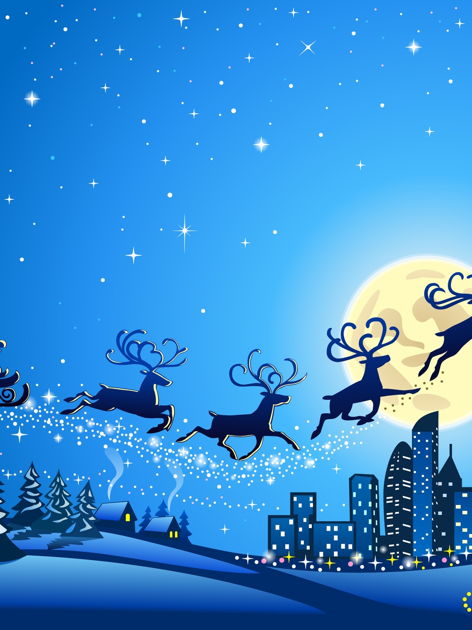 Image: Santa Claus, reindeer, sleigh, night, moon, winter, christmas, city, trees