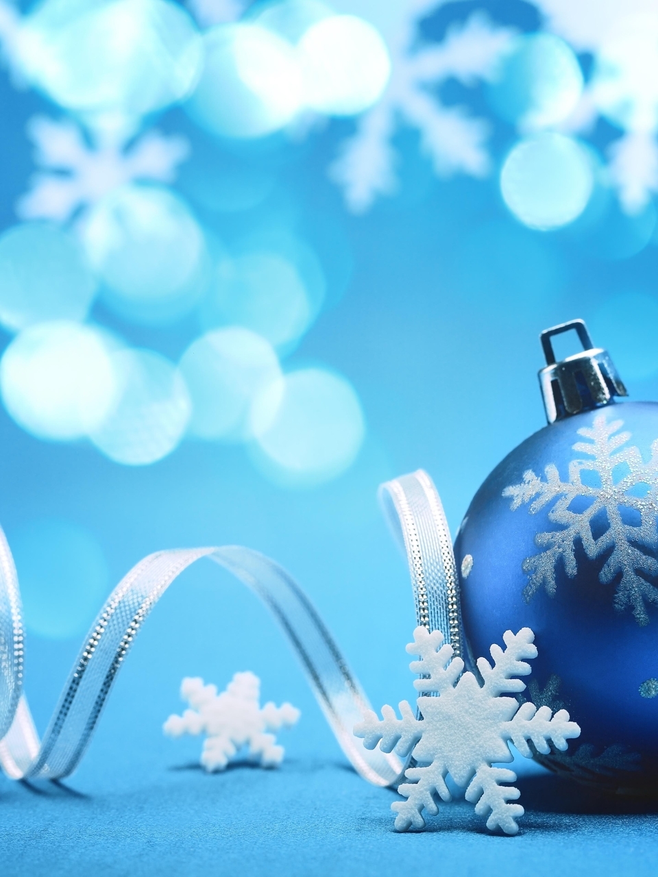 Image: New year, ball, toy, ribbon, blue background, snowflakes
