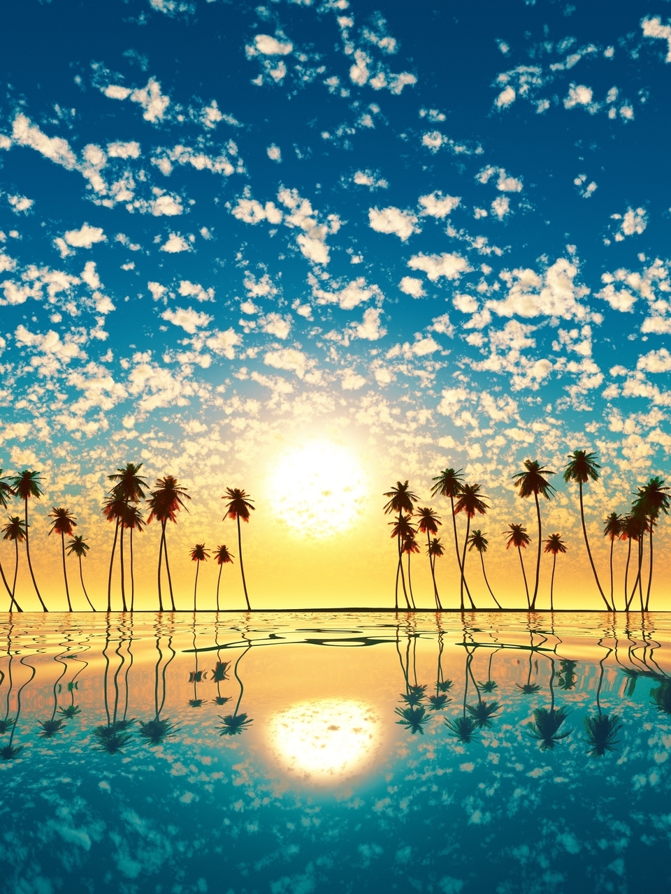 Картинка: Пейзаж, закат, солнце, небо, облака, остров, океан, пальмы, вода, отражение, горизонт