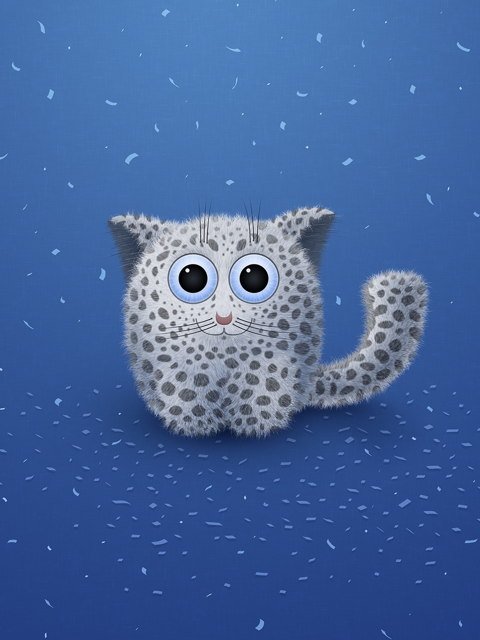 Картинка: Котик, снежный барс, сидит, большие глаза, снежок, улыбка, смотрит