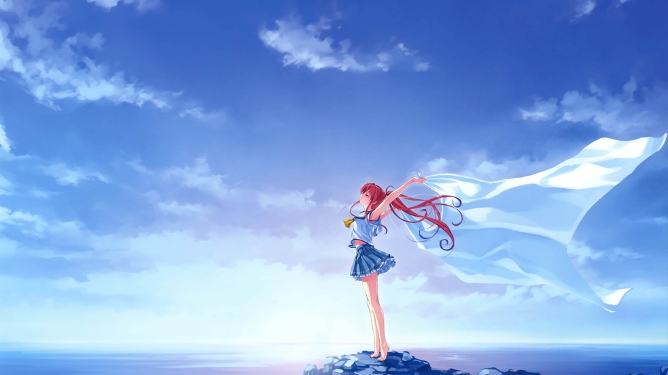 Картинка: Девушка, скала, море, небо, свобода, волосы, ветер, ткань, Miyamae Tomoka, Deep Blue Sky & Pure White Wings