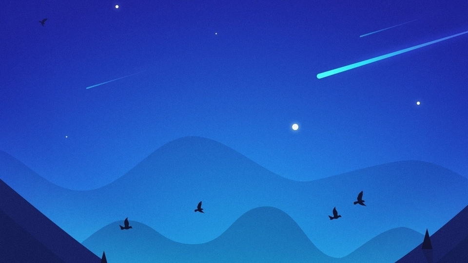 Картинка: Ночь, небо, звёзды, месяц, горы, птицы