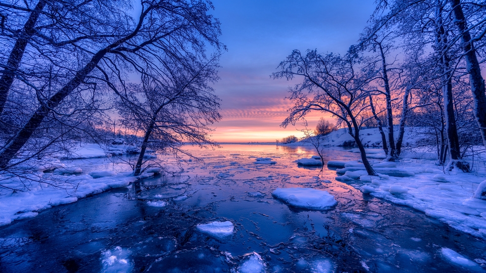 Image: Finland, winter, sunset, body of water, lake, snow, sky, dawn, trees, nature, landscape
